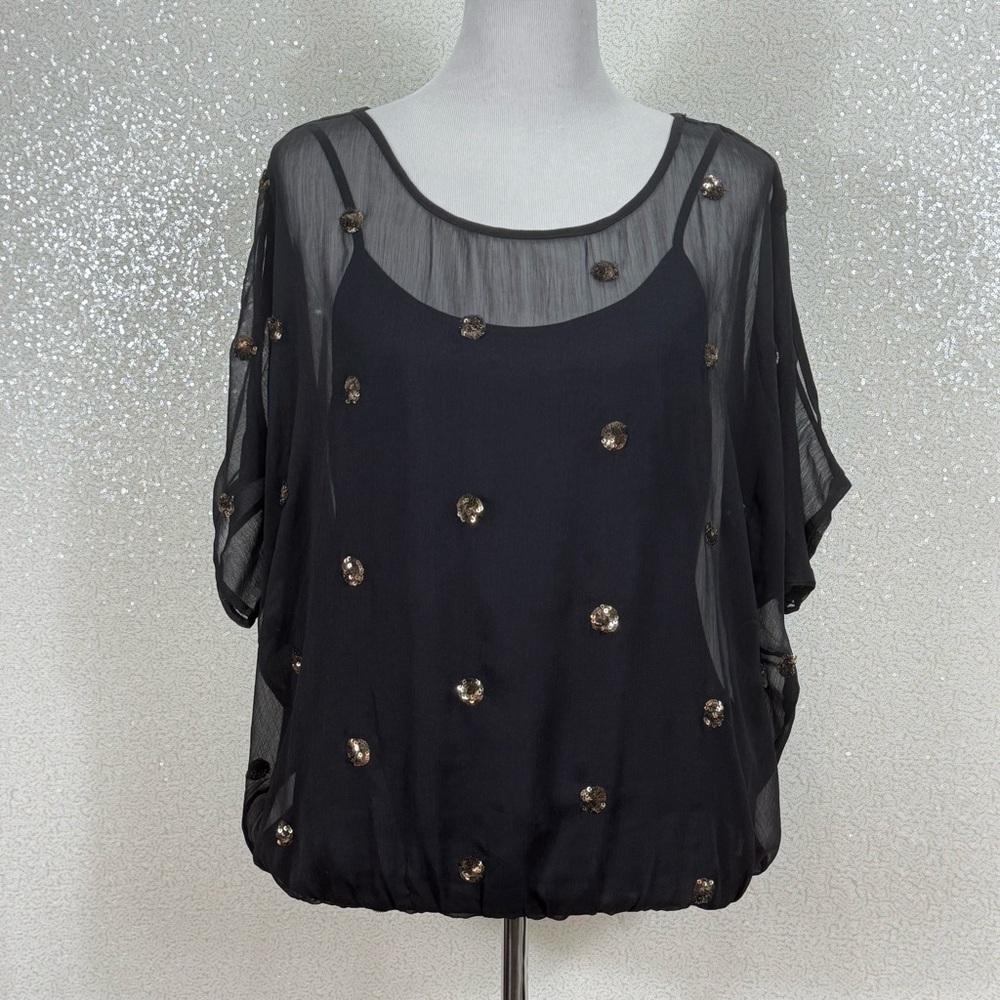 Nine West Black Sheer Chiffon Blouse Gold Sequin Overlay | Dolman Sleeve - Picture 11 of 11